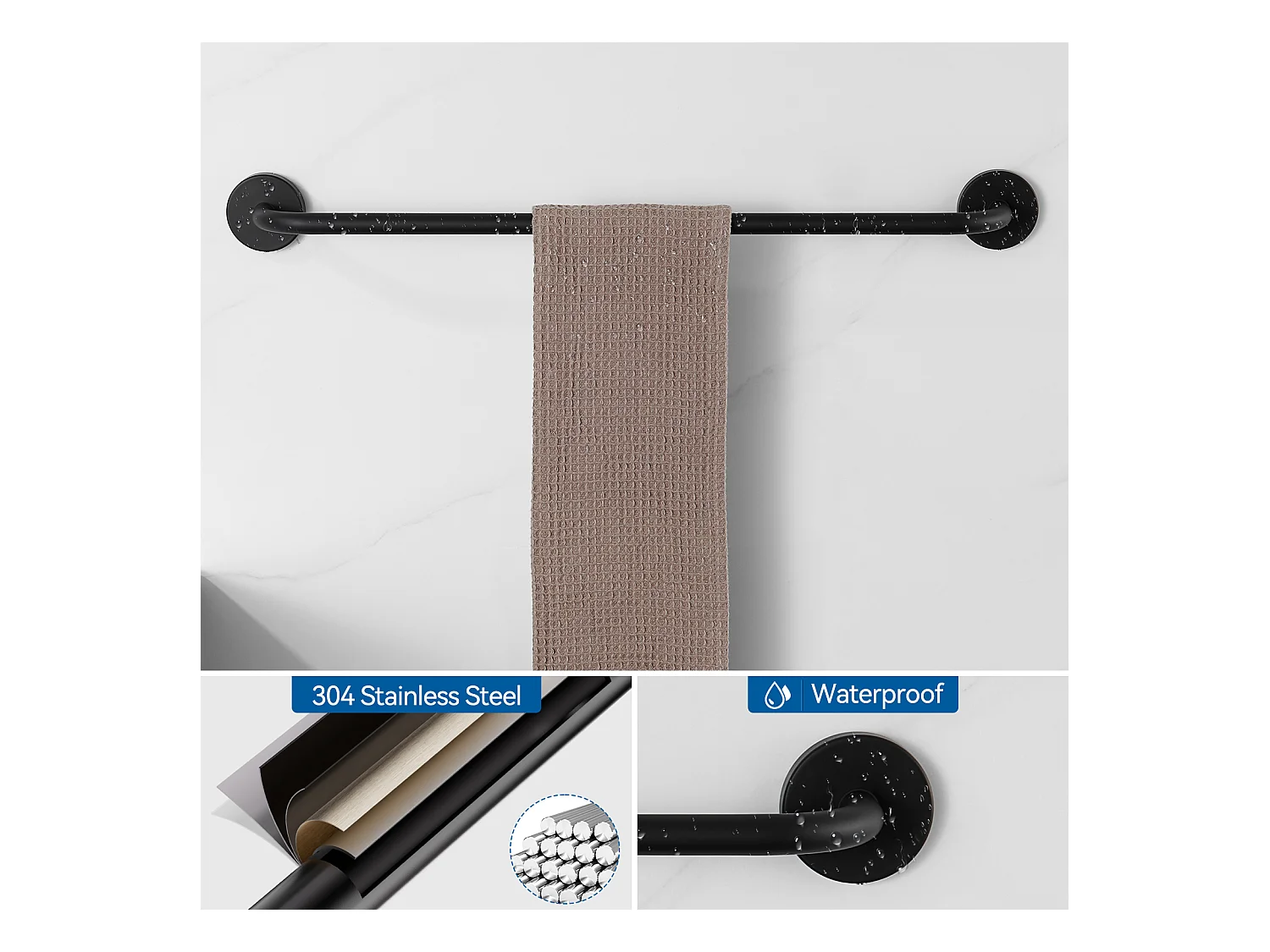 Colonne de Douche Noir Sans Mitigeur,en Hauteur Réglable 690-1130 mm+Ensemble Salle Bain Accessoire 6 Pièces,Auto-adhésif/percer,Inox,Noir