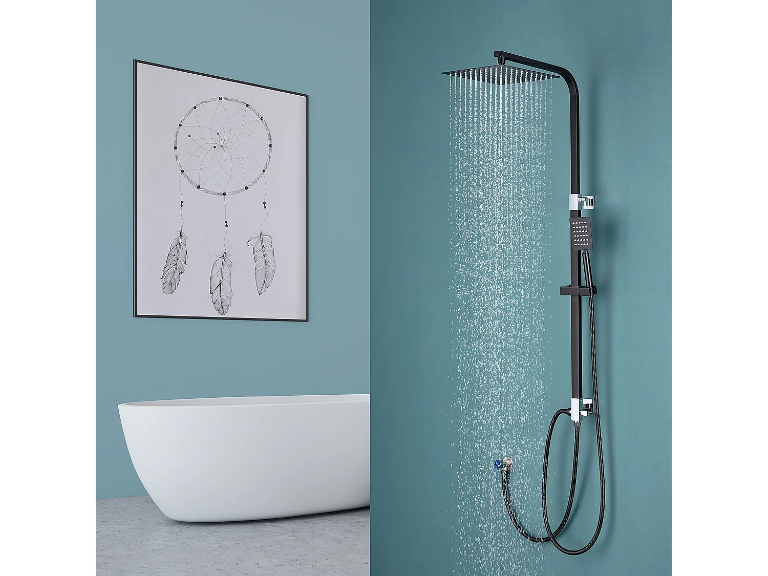 Colonne de Douche Noir Sans Mitigeur,en Hauteur Réglable 690-1130 mm+Ensemble Salle Bain Accessoire 6 Pièces,Auto-adhésif/percer,Inox,Noir