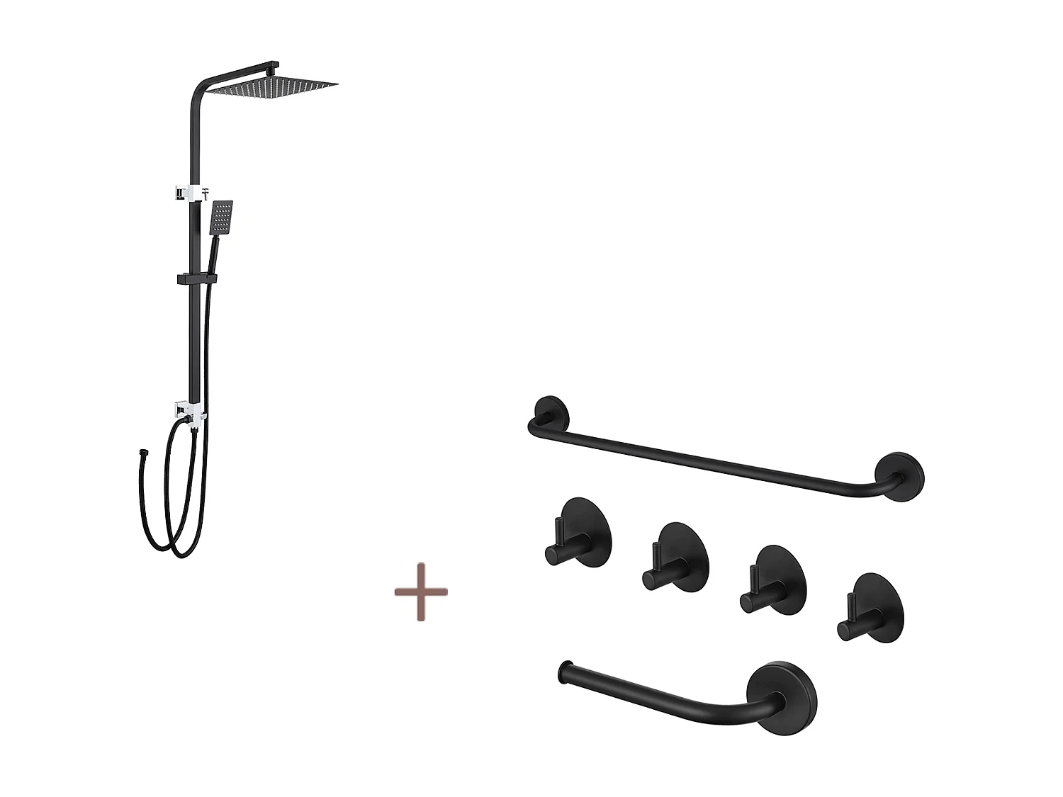 Colonne de Douche Noir Sans Mitigeur,en Hauteur Réglable 690-1130 mm+Ensemble Salle Bain Accessoire 6 Pièces,Auto-adhésif/percer,Inox,Noir