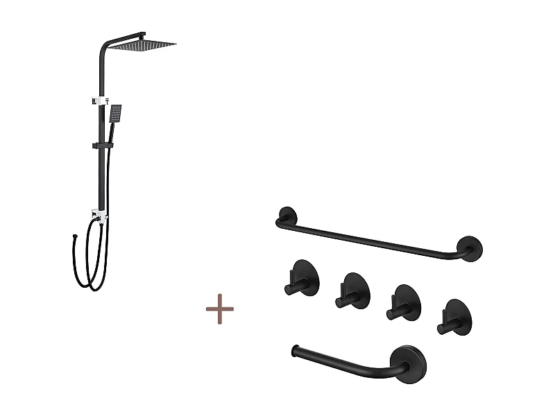 Colonne de Douche Noir Sans Mitigeur,en Hauteur Réglable 690-1130 mm+Ensemble Salle Bain Accessoire 6 Pièces,Auto-adhésif/percer,Inox,Noir