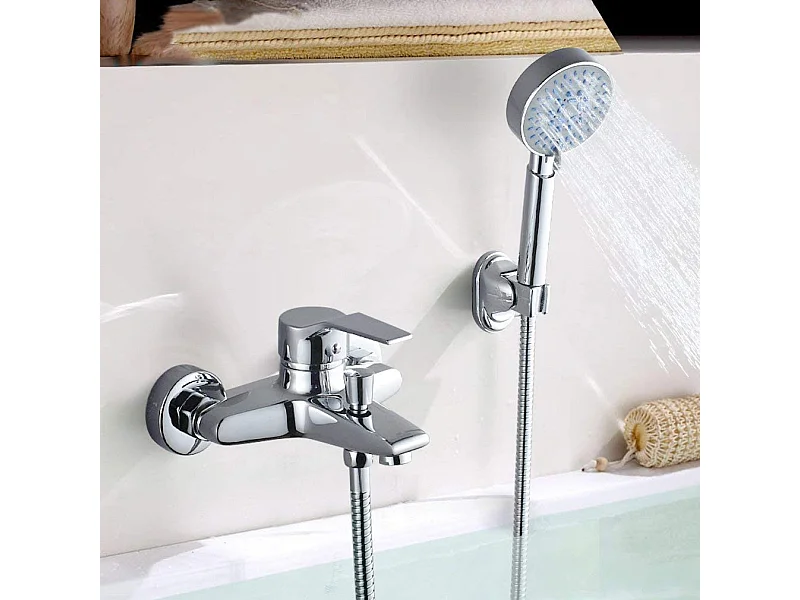 Mezclador Bañera Cromado, Grifo Bañera con Ducha 5 Jets/Flexible de Ducha (1.5m) Soporte, Mezclador Monomando Ducha de Pared
