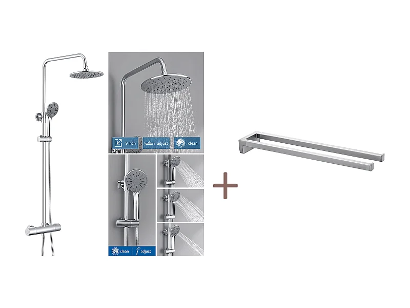 Verchroomde Thermostatische Douchekolom, In Hoogte Verstelbare Doucheset Handdouche met 3 Waterstralen + Handdoekhouder Badkamer Zelfklevend/Boren, Geborsteld