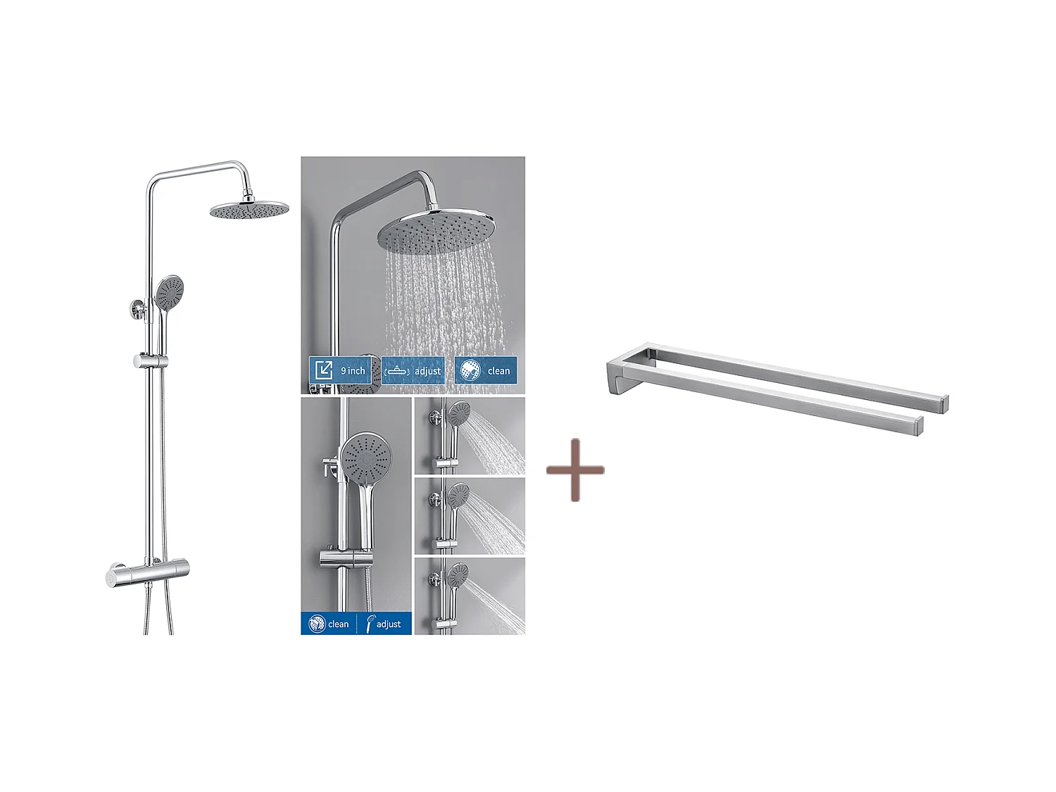 Colonne de Douche Thermostatique Chromé,Hauteur Réglable Set de Douche Douchette avec 3 Jets D’eau+Porte Serviette Salle Bain Adhésif/Perçage,Brossé