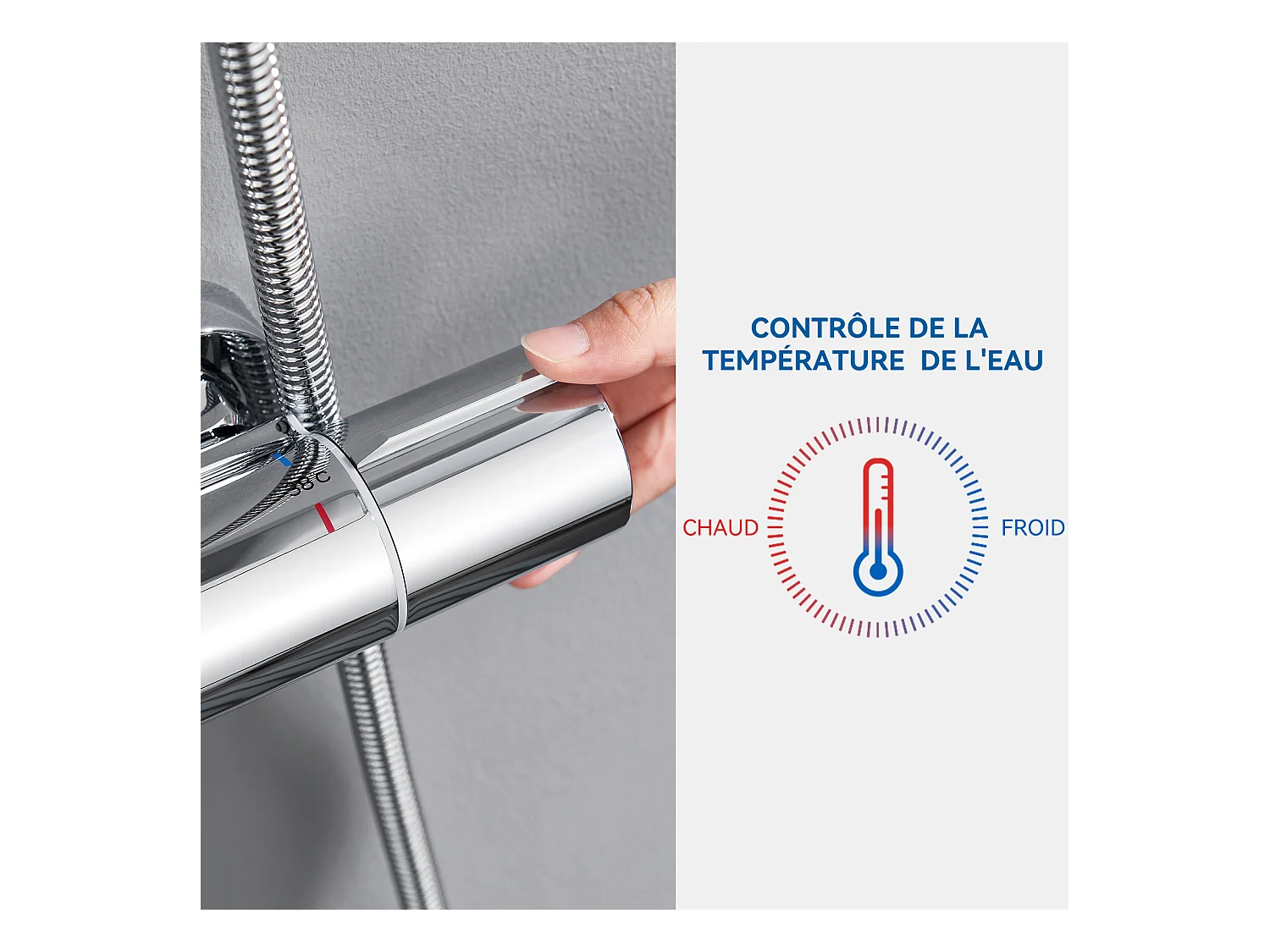 Colonne de Douche Thermostatique Chromé,Hauteur Réglable Set de Douche Douchette avec 3 Jets D’eau+Porte Serviette Salle Bain Adhésif/Perçage,Brossé