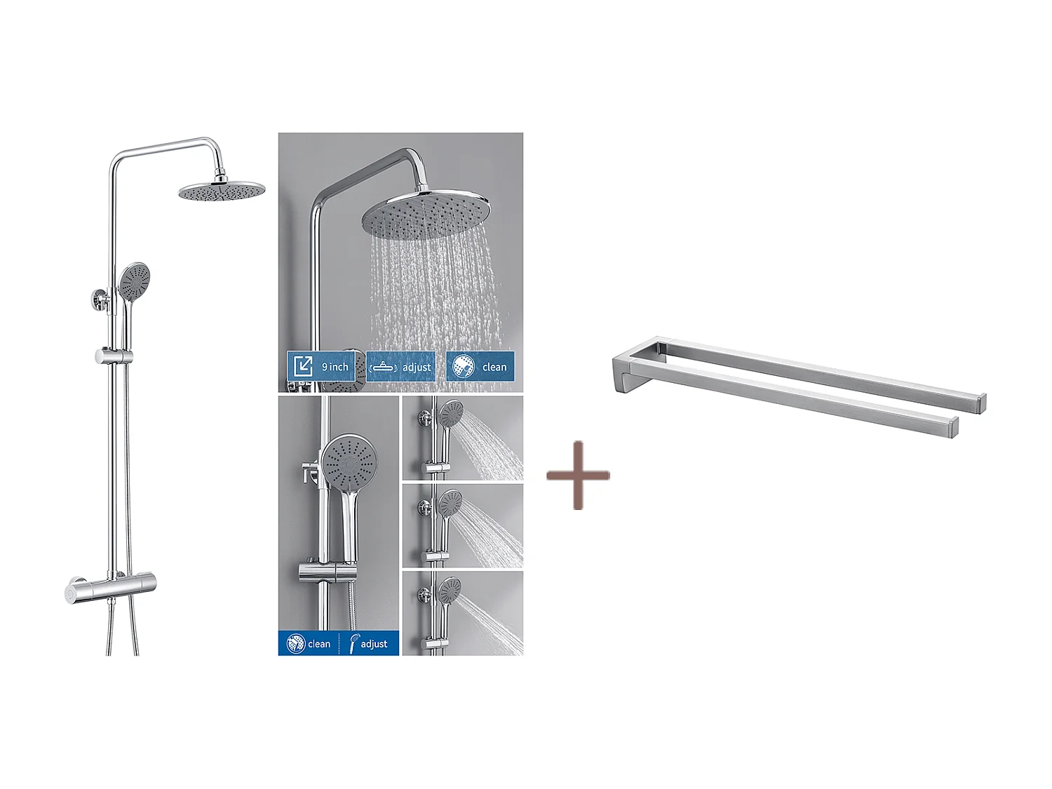 Colonne de Douche Thermostatique Chromé,Hauteur Réglable Set de Douche Douchette avec 3 Jets D’eau+Porte Serviette Salle Bain Adhésif/Perçage,Brossé