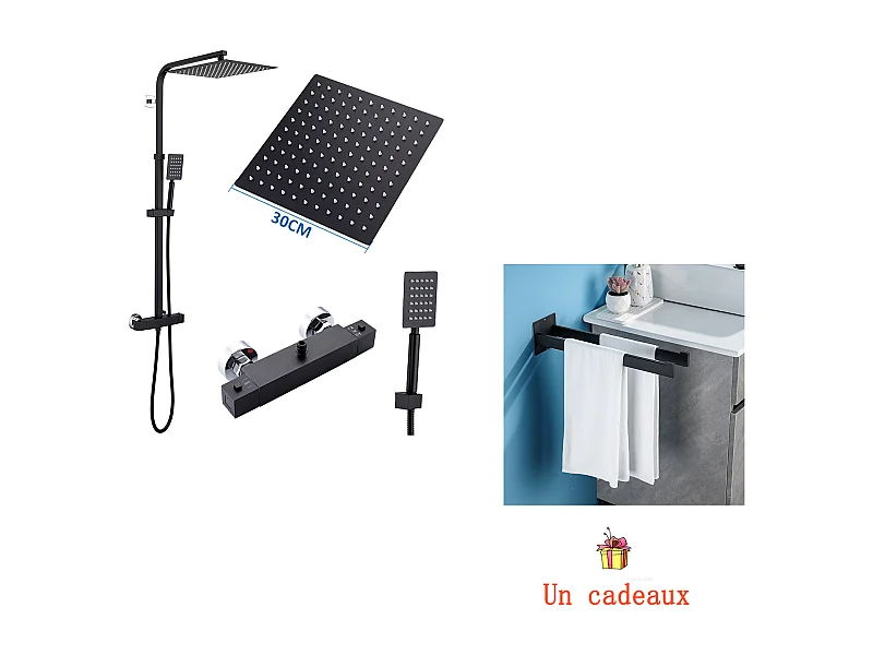 Schwarze Thermostat-Duschsäule 38 °C mit Mischbatterie, einstellbare Höhe 90 – 116 cm + selbstklebender Badezimmer-Handtuchhalter, Handtuchhalter zur Wandmontage