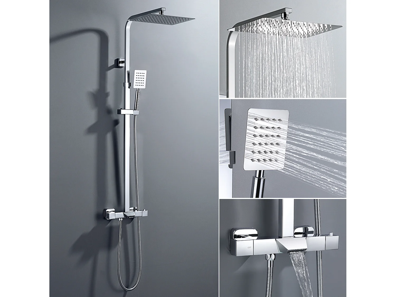 AURALUM MAX Thermostat-Duschsäule Chrom, 3 Funktionen Duschset mit 30 * 20 cm Duschkopf, Duschkopf, Wasserfall-Duschmischer