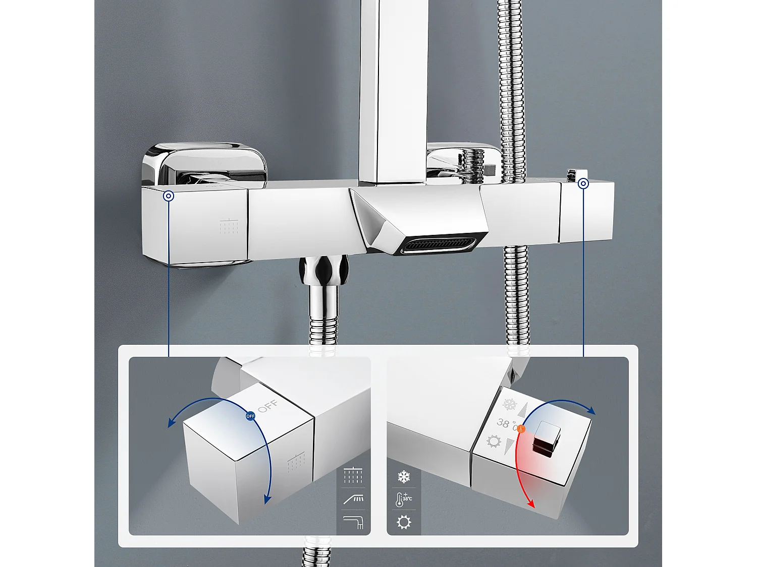 AURALUM MAX Thermostat-Duschsäule Chrom, 3 Funktionen Duschset mit 30 * 20 cm Duschkopf, Duschkopf, Wasserfall-Duschmischer