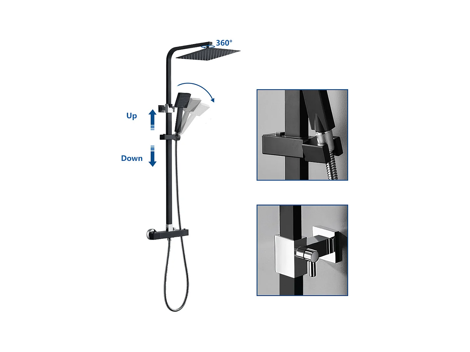 Colonne Douche avec Mitigeur Thermostatique 2 Fonctions Ensemble de Douche avec Douchette de tête 9 pouces,Haute Réglable,Salle Bain,Noir,EU Modèle