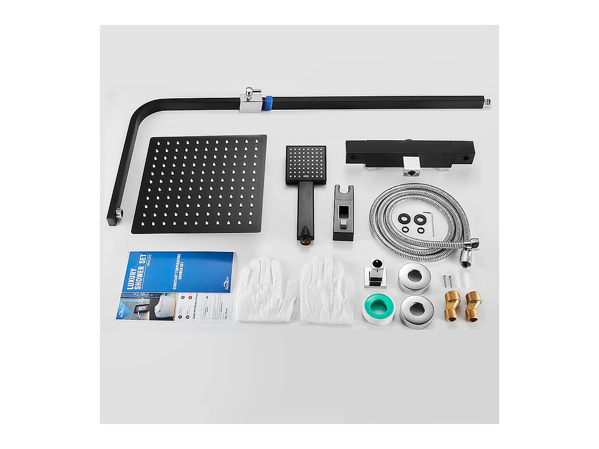 Colonne Douche avec Mitigeur Thermostatique 2 Fonctions Ensemble de Douche avec Douchette de tête 9 pouces,Haute Réglable,Salle Bain,Noir,EU Modèle