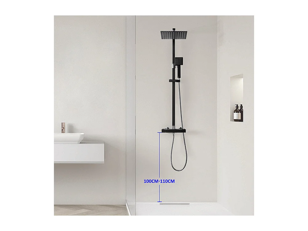 Colonne Douche avec Mitigeur Thermostatique 2 Fonctions Ensemble de Douche avec Douchette de tête 9 pouces,Haute Réglable,Salle Bain,Noir,EU Modèle
