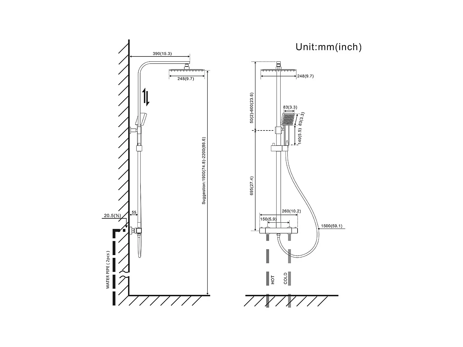 Colonne Douche avec Mitigeur Thermostatique 2 Fonctions Ensemble de Douche avec Douchette de tête 9 pouces,Haute Réglable,Salle Bain,Noir,EU Modèle
