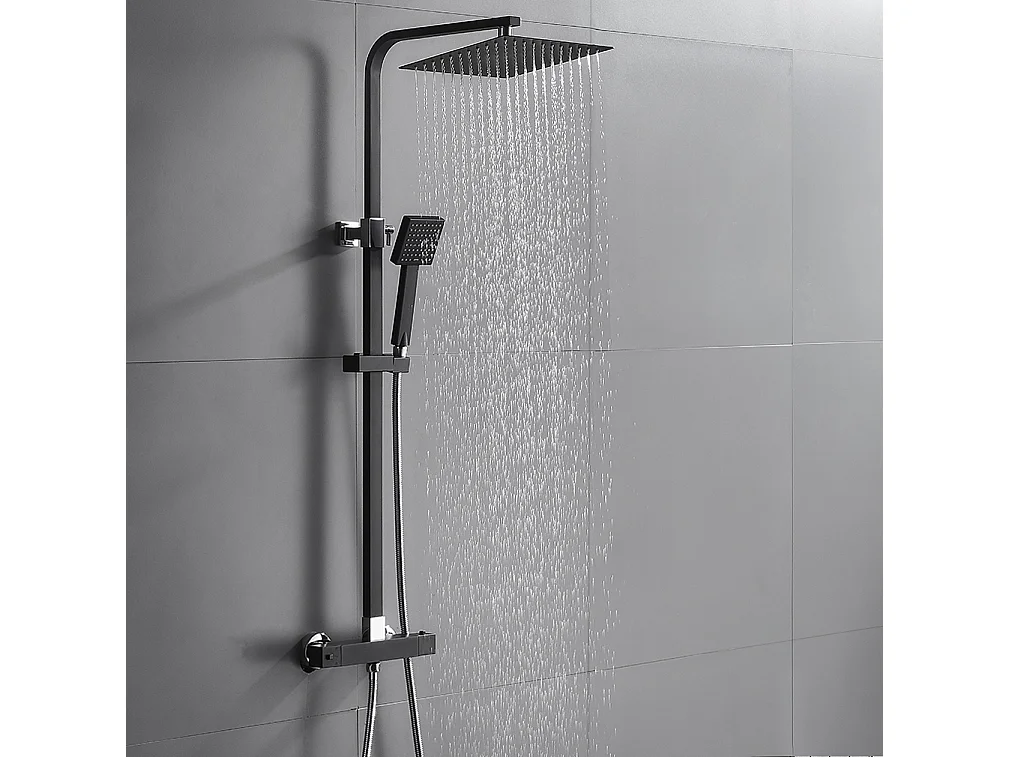 Colonne Douche avec Mitigeur Thermostatique 2 Fonctions Ensemble de Douche avec Douchette de tête 9 pouces,Haute Réglable,Salle Bain,Noir,EU Modèle