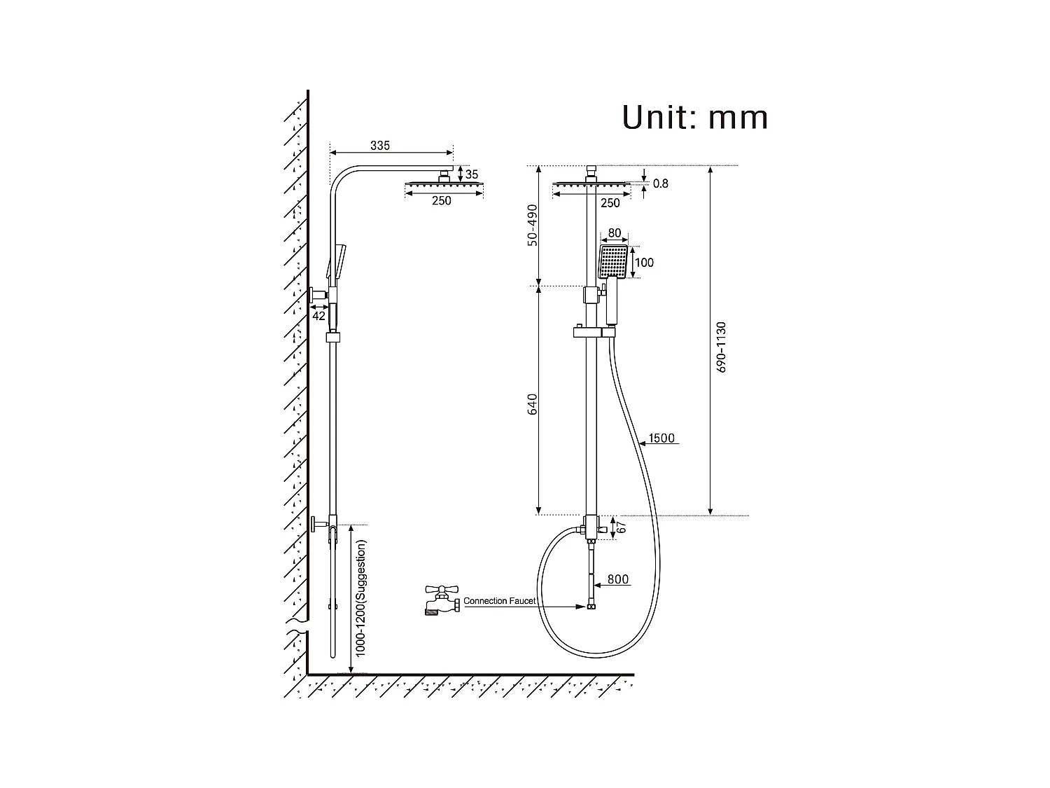 Colonne de Douche Sans Robinetterie Ensemble de Douche Laiton Système de Douche Hauteur Réglable 690-1130 mm Salle de Bain Noir,EU Modèle