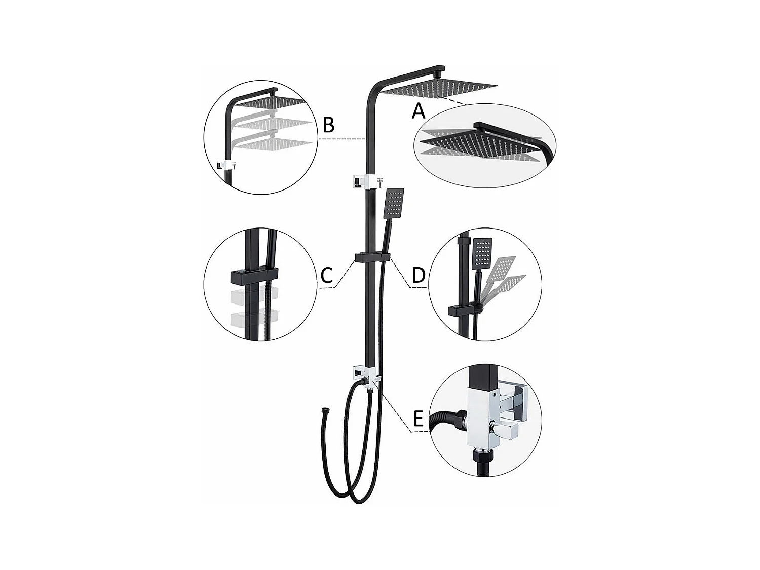 Colonne de Douche Sans Robinetterie Ensemble de Douche Laiton Système de Douche Hauteur Réglable 690-1130 mm Salle de Bain Noir,EU Modèle