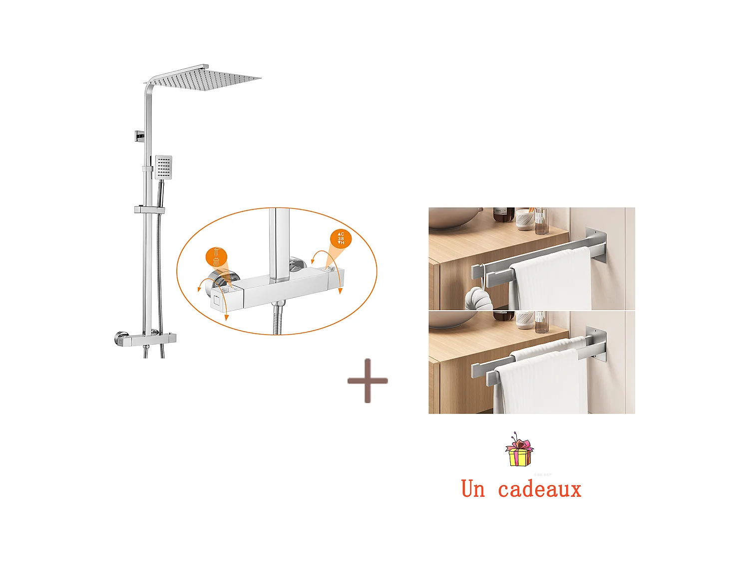Colonne Douche Thermostatique Hauteur Réglable entre 96-130cm,avec Pommeau Douche 30x30CM,Chromé+Porte Serviette Salle Bain Adhésif/Perçage,Brossé