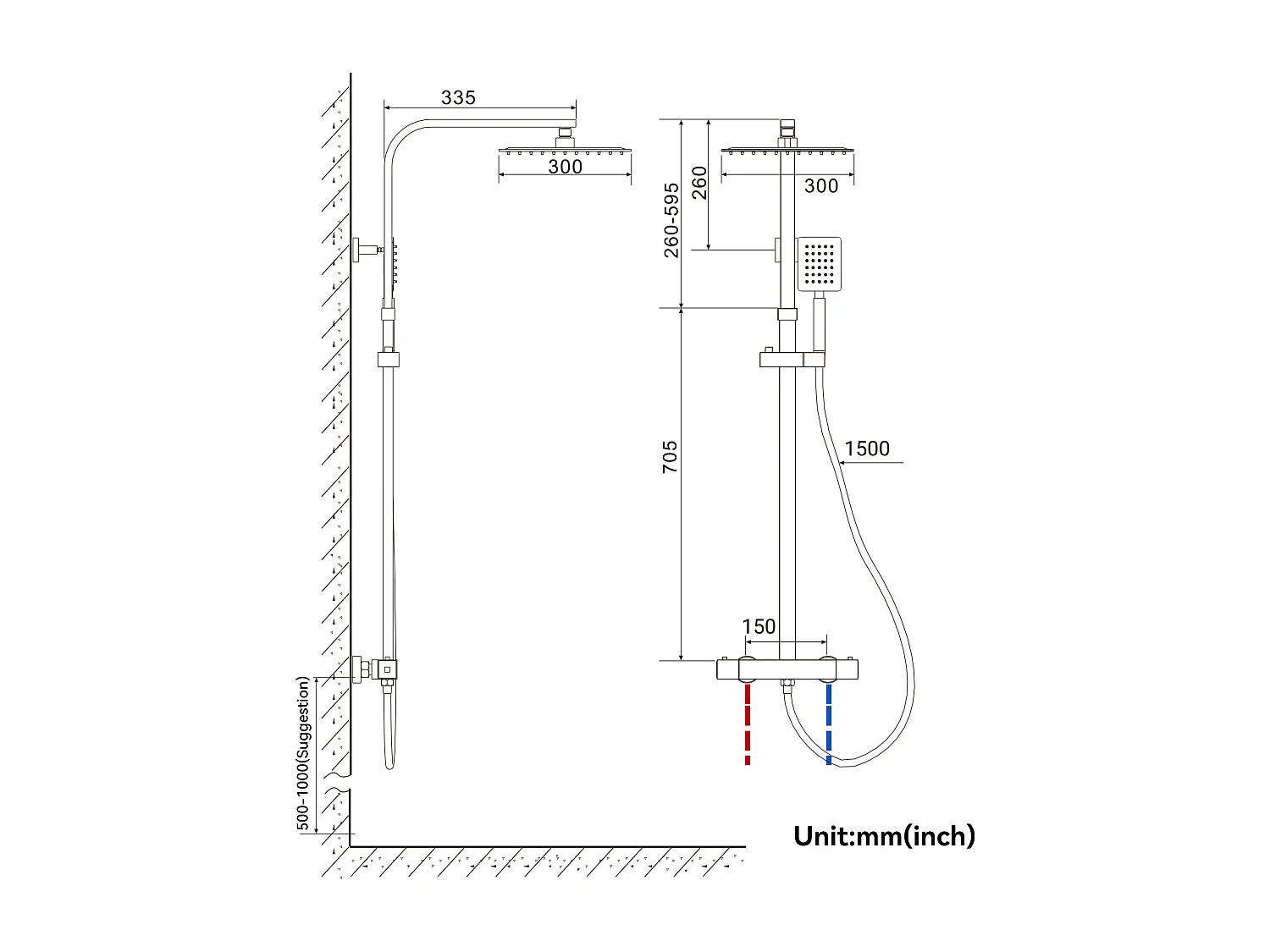 Thermostatische Douchekolom HAuteur Verstelbaar tussen 96-130cm, met Douchekop 30x30CM, Verchroomd + Handdoekhouder Badkamer Zelfklevend/Boren, Geborsteld