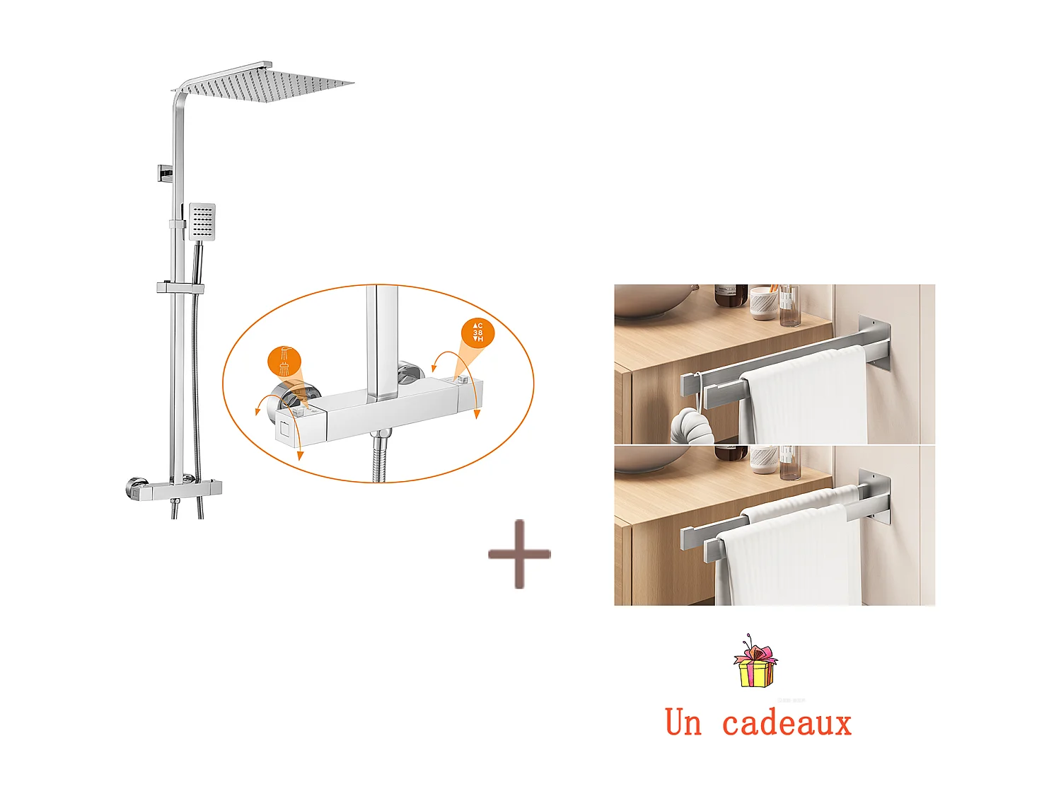 Colonne Douche Thermostatique Hauteur Réglable entre 96-130cm,avec Pommeau Douche 30x30CM,Chromé+Porte Serviette Salle Bain Adhésif/Perçage,Brossé