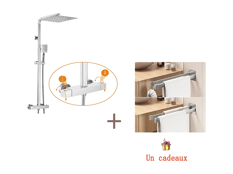 Colonne Douche Thermostatique Hauteur Réglable entre 96-130cm,avec Pommeau Douche 30x30CM,Chromé+Porte Serviette Salle Bain Adhésif/Perçage,Brossé