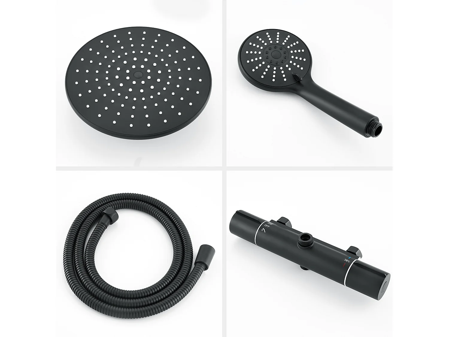 Colonne de Douche Noir avec Mitigeur Thermostatique, Mitigeur Douche avec Tête de Douche,Pommeau à Main 3 Jets,Hauteur Réglable 840-1210mm