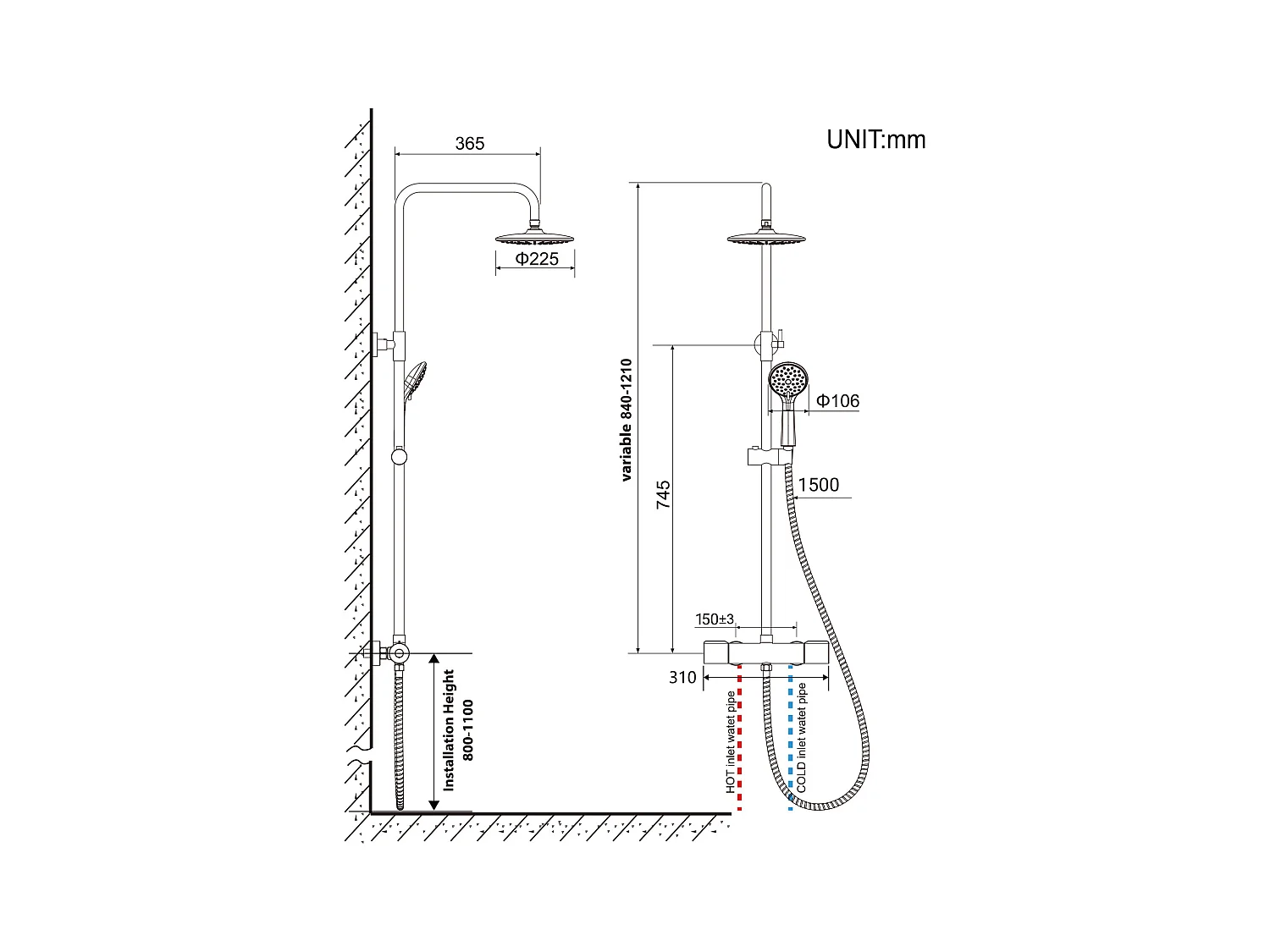 Zwarte douchekolom met thermostatische mengkraan, douchemengkraan met douchekop, handkop 3 stralen, in hoogte verstelbaar 840-1210mm