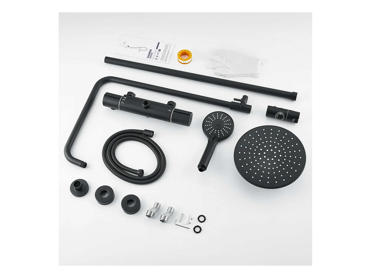 Zwarte douchekolom met thermostatische mengkraan, douchemengkraan met douchekop, handkop 3 stralen, in hoogte verstelbaar 840-1210mm