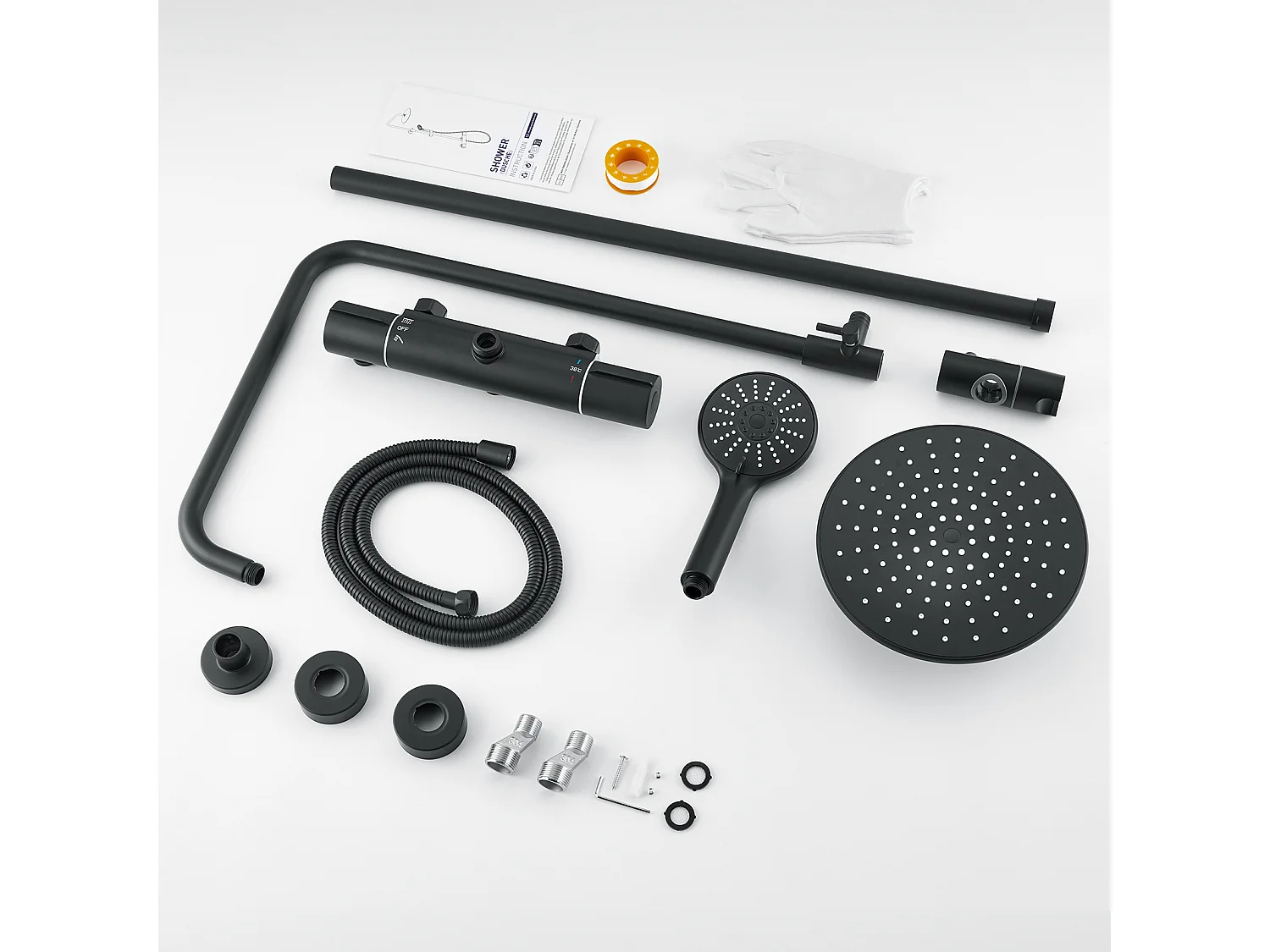 Colonne de Douche Noir avec Mitigeur Thermostatique, Mitigeur Douche avec Tête de Douche,Pommeau à Main 3 Jets,Hauteur Réglable 840-1210mm