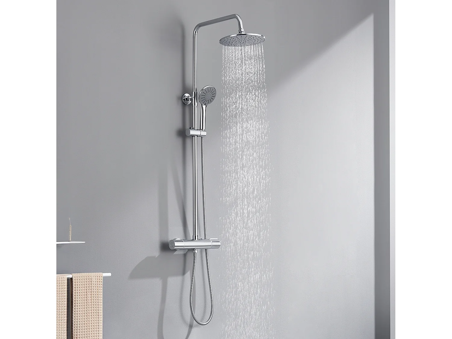 Thermostatische Duschsäule, Chrom-Duschset mit Handbrause, 3 Wasserstrahlen, Thermostat-Duschsystem, höhenverstellbar, EU-Modell