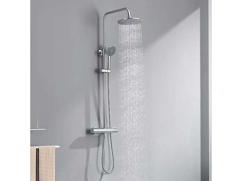 Columna de Ducha ThermostatiqUe Cromado Set de Ducha con Ducha de Manos 3 Jets de Agua SistemaSet de Ducha Termostático Altura Ajustable,Modelo UE