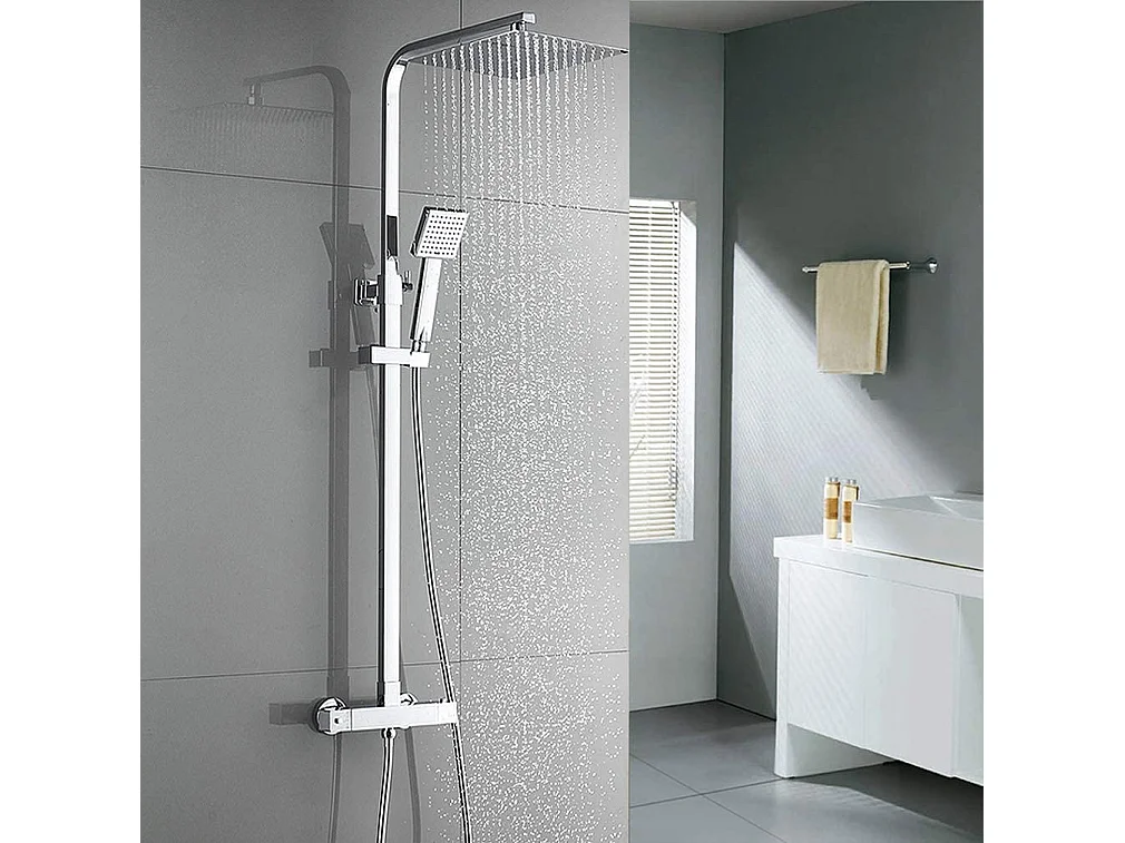 Colonna doccia termostatica cromata,Sistema doccia Corpo in ottone Altezza regolabile+60cm Porta asciugamani Bagno Autoadesivo/ Foratura