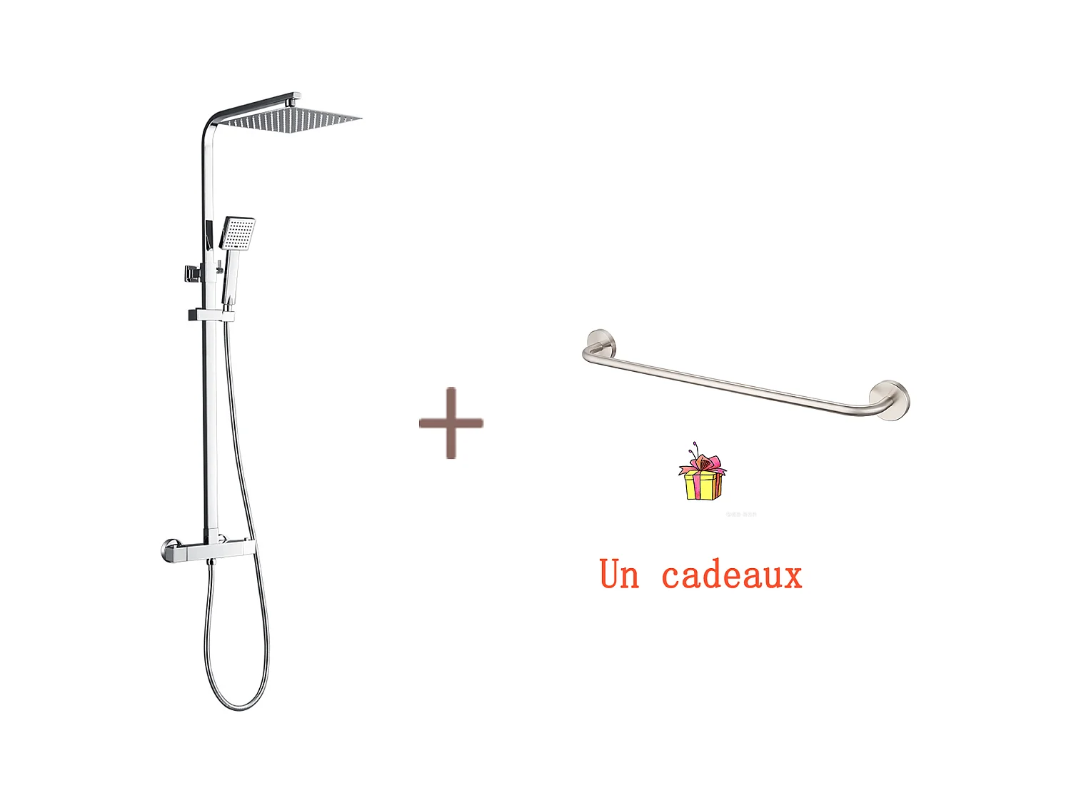 Colonne Douche Thermostatique Chromé,Système Douche Corps en Laiton Hauteur Réglable+60cm Porte-Serviettes Salle Bain Auto-adhésif/ Perçage en Inox