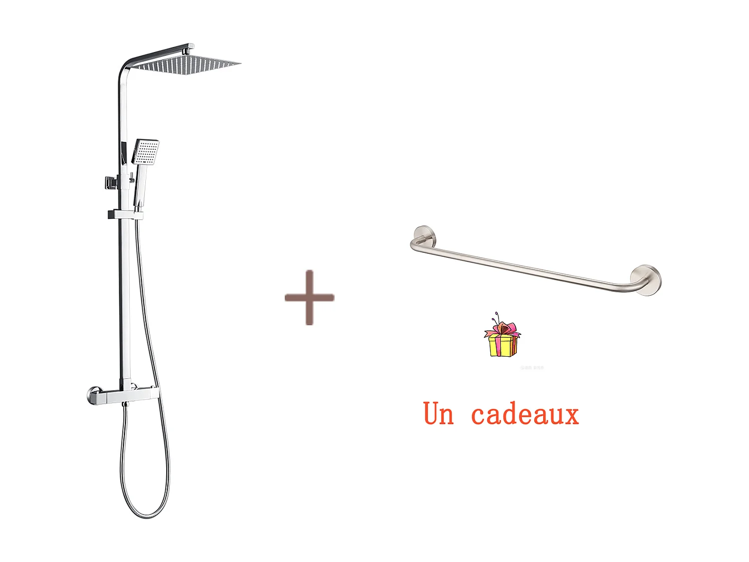 Colonne Douche Thermostatique Chromé,Système Douche Corps en Laiton Hauteur Réglable+60cm Porte-Serviettes Salle Bain Auto-adhésif/ Perçage en Inox