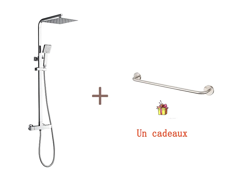 Colonne Douche Thermostatique Chromé,Système Douche Corps en Laiton Hauteur Réglable+60cm Porte-Serviettes Salle Bain Auto-adhésif/ Perçage en Inox