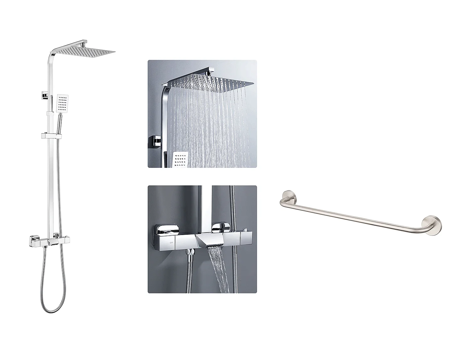 AuralumMAX Thermostatische Douchekolom Verchroomd, met Waterval Douchemengkraan+60cm ServethouderTtes Badkamer Zelfklevend of RVS Boren