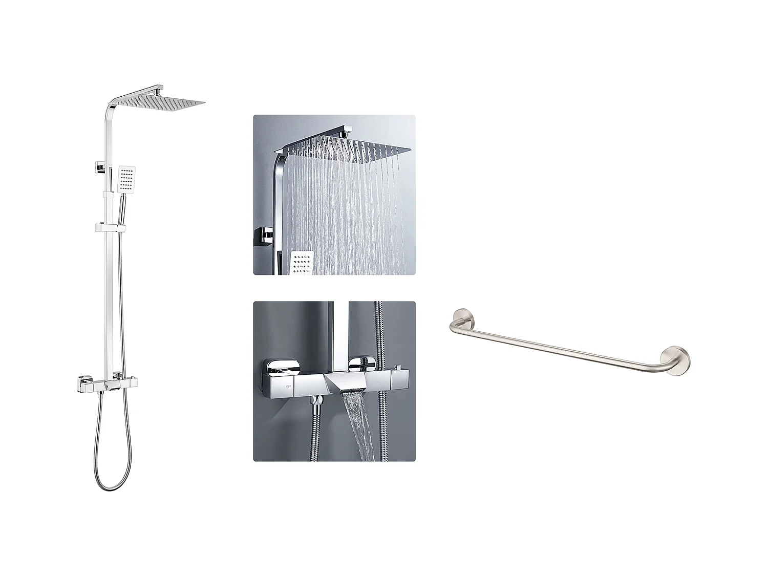 AuralumMAX Colonne de Douche Thermostatique Chromée,avec Mitigeur de Douche Cascade+60cm Porte-Serviettes Salle Bain Auto-adhésif ou Perçage en Inox