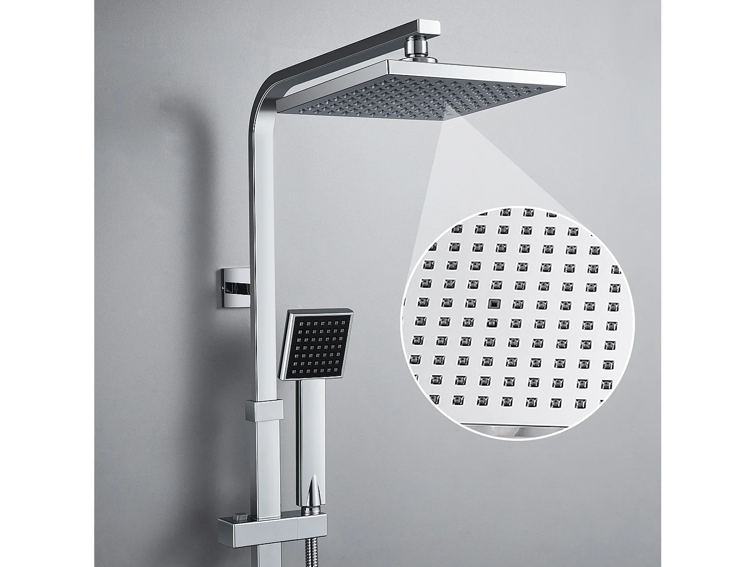 Columna de Ducha Termostática,Conjunto de Ducha para Baño Ajustable en Altura, con Cabezal de Lluvia/Ducha de Mano Cuadrada, Cromado