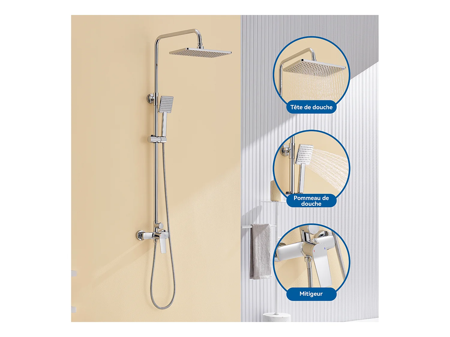 Colonne de Douche Mécanique,Hauteur Réglable 90-1240mm Colonne de Douche Mecanique Kit Set de Douche en Laiton Chromé Solide