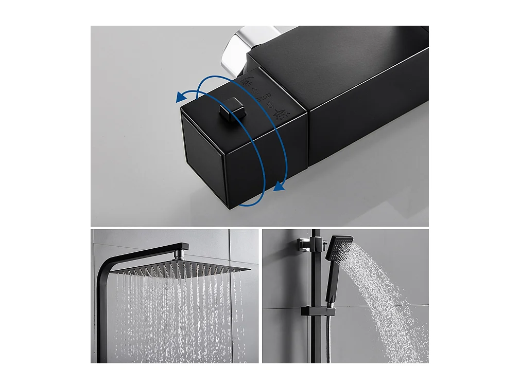 Colonne Douche Noir avec Mitigeur Thermostatique 2 Fonctions Ensemble Douche avec Douchette de tête de 10 pouces Haute Réglable 80-120 cm,EU Modèle