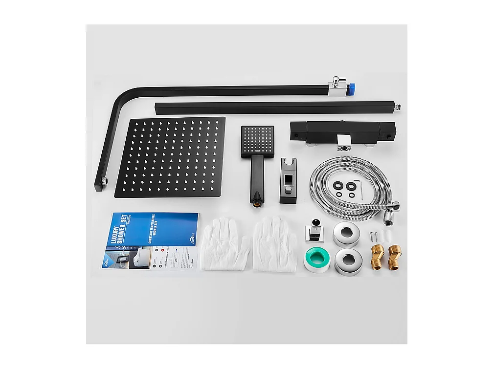 Colonne Douche Noir avec Mitigeur Thermostatique 2 Fonctions Ensemble Douche avec Douchette de tête de 10 pouces Haute Réglable 80-120 cm,EU Modèle