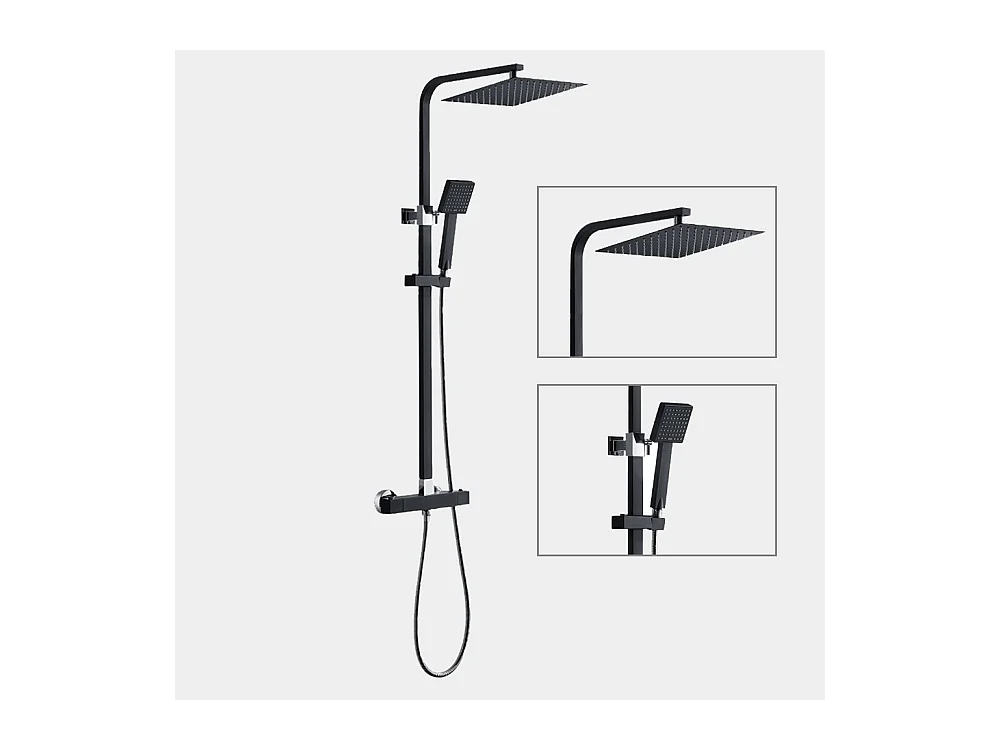 Colonne Douche Noir avec Mitigeur Thermostatique 2 Fonctions Ensemble Douche avec Douchette de tête de 10 pouces Haute Réglable 80-120 cm,EU Modèle