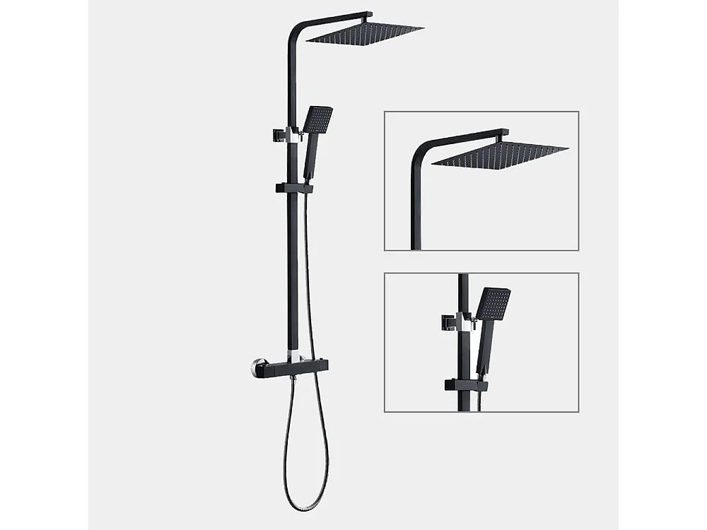 Colonne Douche Noir avec Mitigeur Thermostatique 2 Fonctions Ensemble Douche avec Douchette de tête de 10 pouces Haute Réglable 80-120 cm,EU Modèle