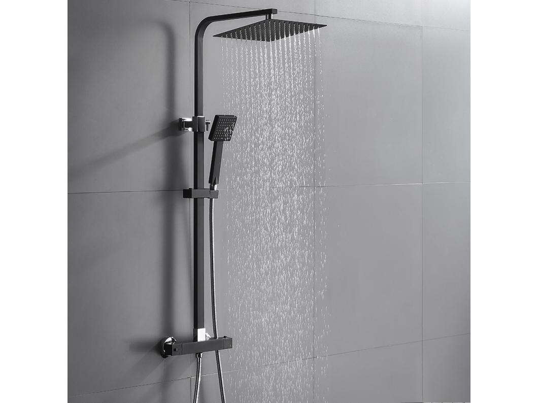 Zwarte douchekolom met thermostatische mengkraan 2 functies Doucheset met 10 inch hoofddouche Hoog Verstelbaar 80-120 cm, EU Model