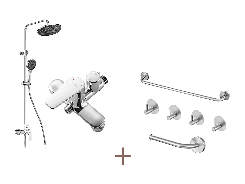 Auralummax Duschsäule Chrom, mit Mischbatterie, höhenverstellbar 103-139 cm, mit 3-Strahl-Handbrause + 6-teiliges Badezimmer-Zubehör-Set, Edelstahl, gebürstet