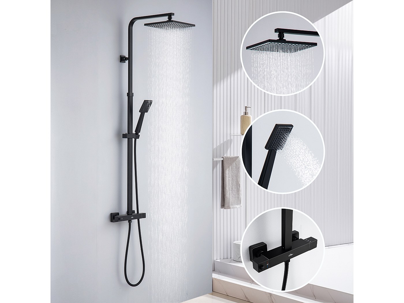 Colonne Douche Thermostatique Noir,Hauteur Ajustable Ensemble Douche