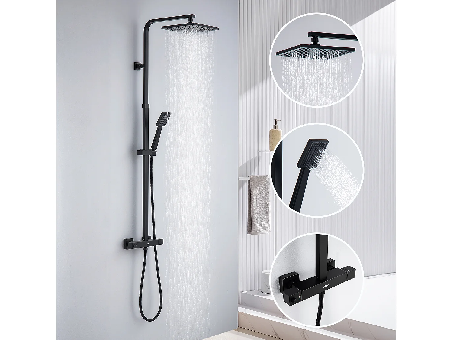 Colonna Doccia Termostatica Nera,Altezza Regolabile Set Doccia con 2 Funzioni con Miscelatore Termostatico,Sistema Doccia Pioggia Bagno,Modello UE