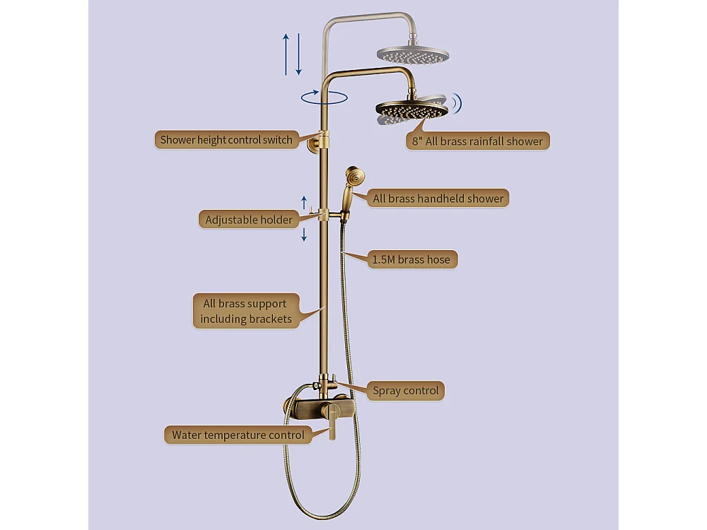 Columna de ducha de lecheOn Bronce Retro, Conjunto de Ducha con Mezclador Mecánico, Sistema de Ducha Altura Ajustable para Baño
