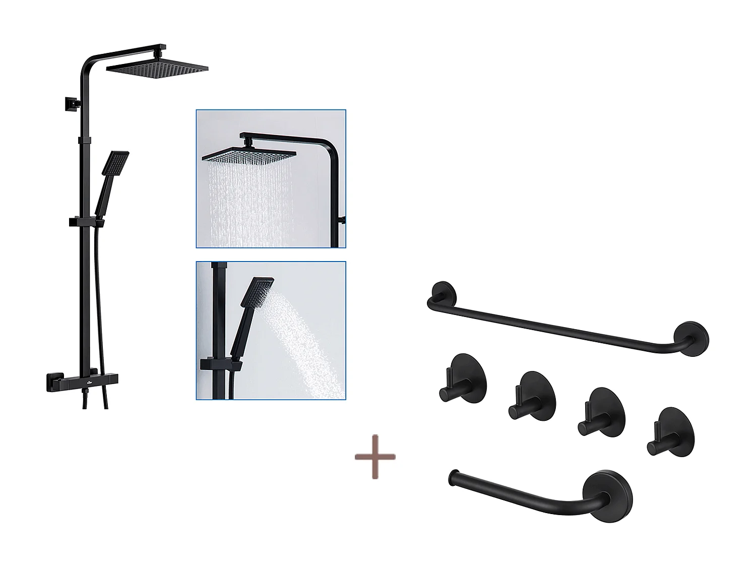 Auralummax Thermostat-Duschsäule schwarz, höhenverstellbar, mit Mischbatterie + Bad-Zubehör-Set 6-teilig, selbstklebend/bohren, Edelstahl, schwarz