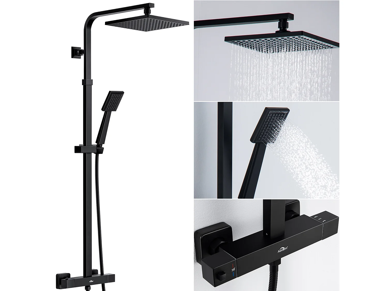 Auralummax Colonne Douche Thermostatique Noir,Réglable Hauteur,avec mitigeur+Ensemble Salle Bain Accessoire 6 Pièces,Auto-adhésif/percer,Inox,Noir