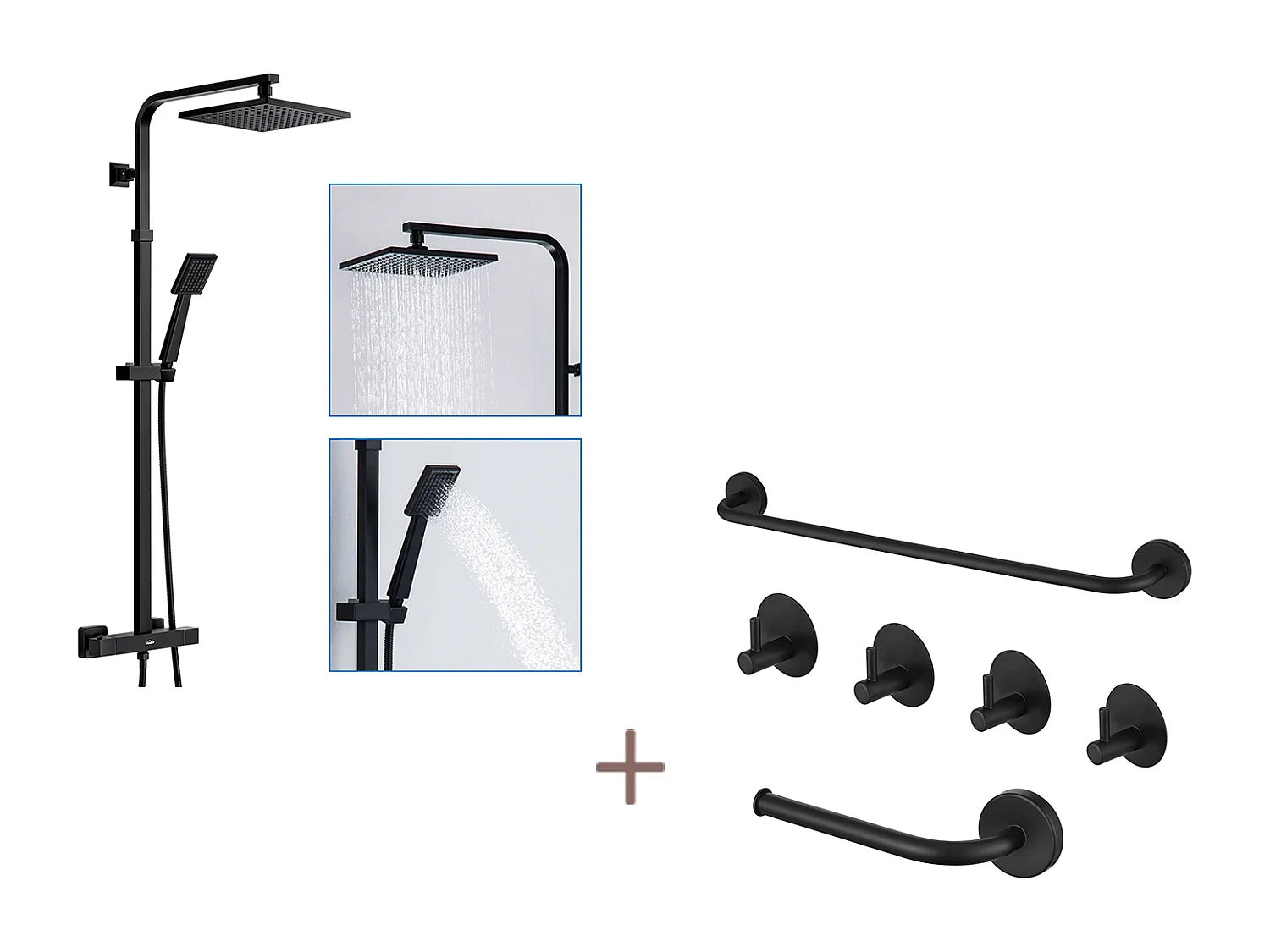 Auralummax Colonne Douche Thermostatique Noir,Réglable Hauteur,avec mitigeur+Ensemble Salle Bain Accessoire 6 Pièces,Auto-adhésif/percer,Inox,Noir