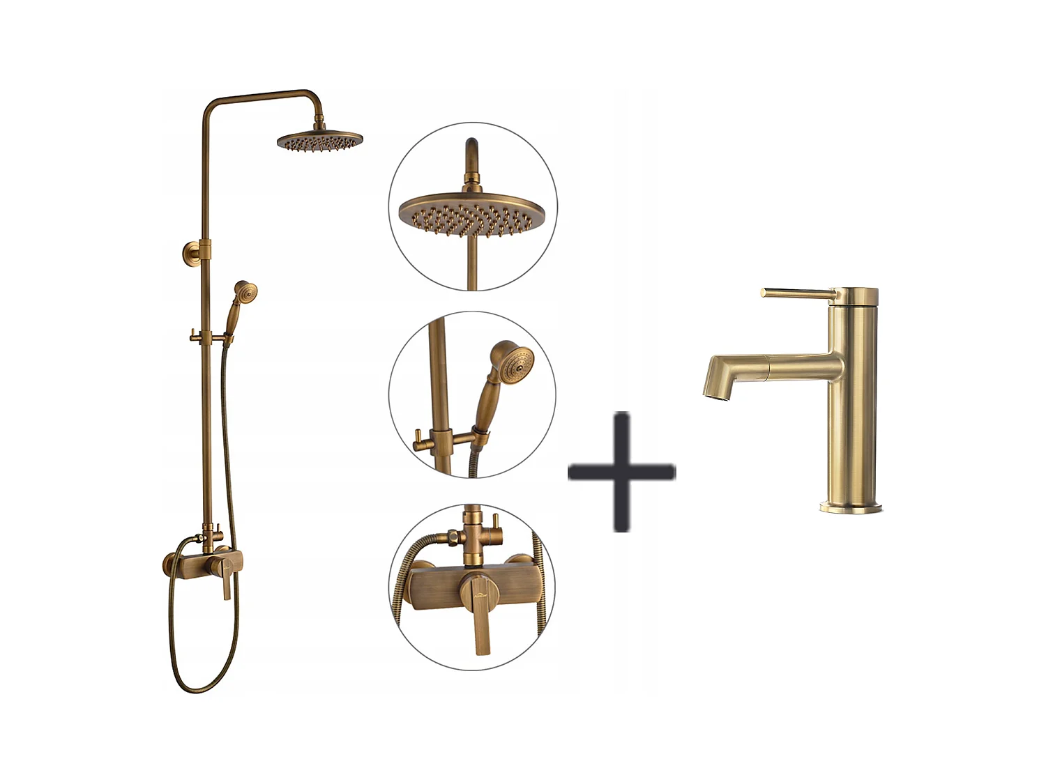 Auralum Max Messing Douchekolom Brons Retro, Douche met MitMechanische, In Hoogte Verstelbaar + 360° Draaibare Wastafelkraan, Warm/Koud Water, Verguld